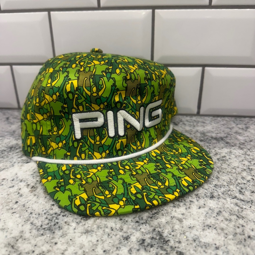 PING Mens OSFM Snapback Hat Green Yellow Crowd Print Rope Golf Cap Flexfit 110